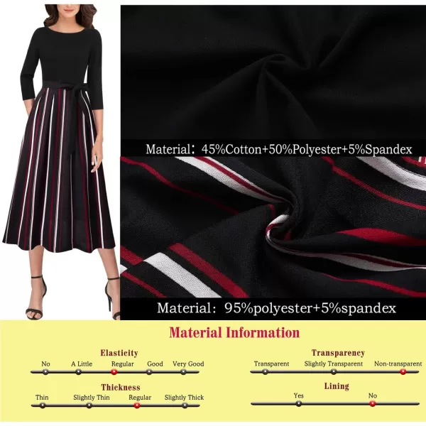 VFSHOW Womens Elegant Pockets Belted Work Business Office Casual Party Pleated ALine Midi DressBlack Red White Striped Print