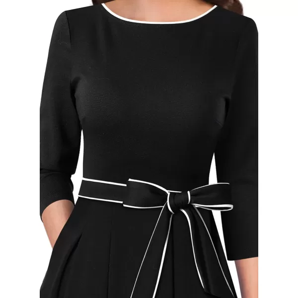 VFSHOW Womens Elegant Pockets Belted Work Business Office Casual Party Pleated ALine Midi DressBlack White Piping