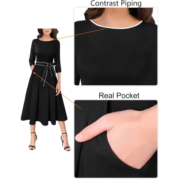 VFSHOW Womens Elegant Pockets Belted Work Business Office Casual Party Pleated ALine Midi DressBlack White Piping