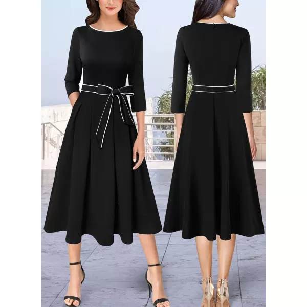 VFSHOW Womens Elegant Pockets Belted Work Business Office Casual Party Pleated ALine Midi DressBlack White Piping