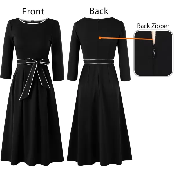 VFSHOW Womens Elegant Pockets Belted Work Business Office Casual Party Pleated ALine Midi DressBlack White Piping