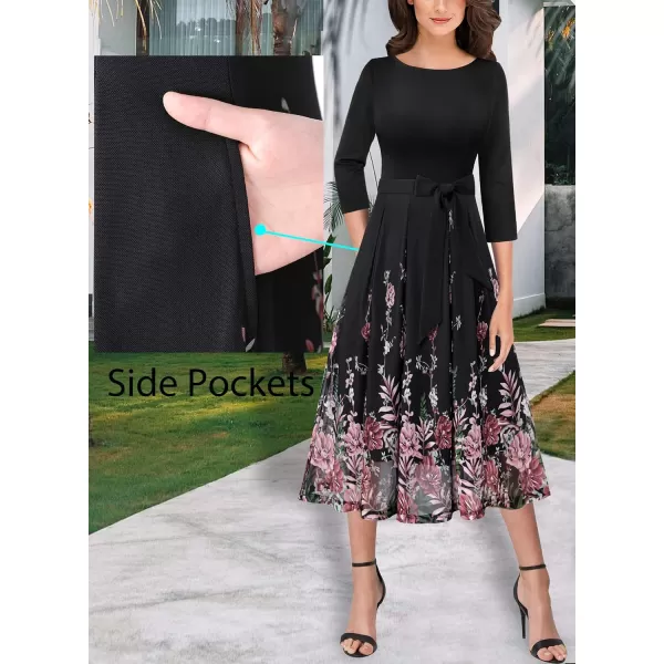 VFSHOW Womens Elegant Pockets Belted Work Business Office Casual Party Pleated ALine Midi DressBlack and Multi Floral Print