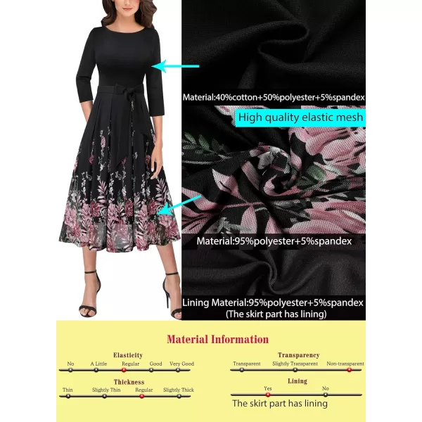 VFSHOW Womens Elegant Pockets Belted Work Business Office Casual Party Pleated ALine Midi DressBlack and Multi Floral Print