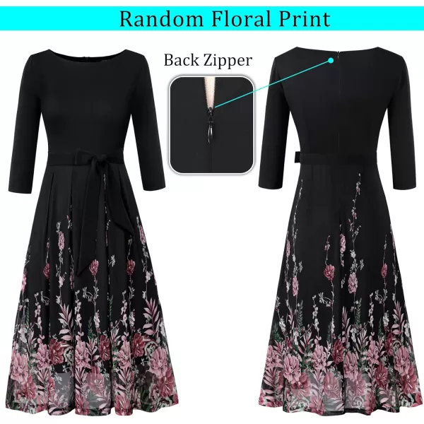 VFSHOW Womens Elegant Pockets Belted Work Business Office Casual Party Pleated ALine Midi DressBlack and Multi Floral Print