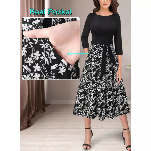 VFSHOW Womens Elegant Pockets Belted Work Business Office Casual Party Pleated ALine Midi DressBlack and Multi White Floral Print