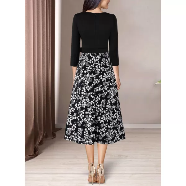 VFSHOW Womens Elegant Pockets Belted Work Business Office Casual Party Pleated ALine Midi DressBlack and Multi White Floral Print