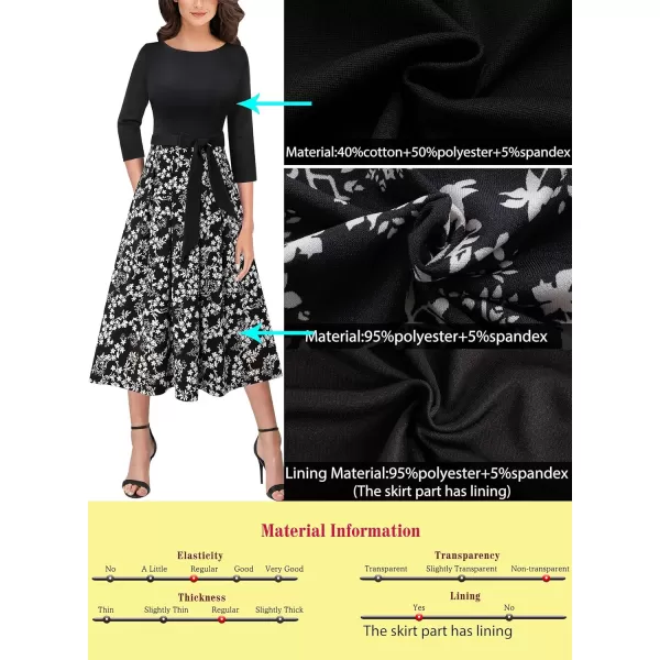 VFSHOW Womens Elegant Pockets Belted Work Business Office Casual Party Pleated ALine Midi DressBlack and Multi White Floral Print