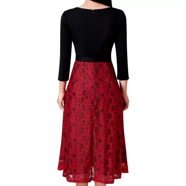 VFSHOW Womens Elegant Pockets Belted Work Business Office Casual Party Pleated ALine Midi DressBlack and Red Lace