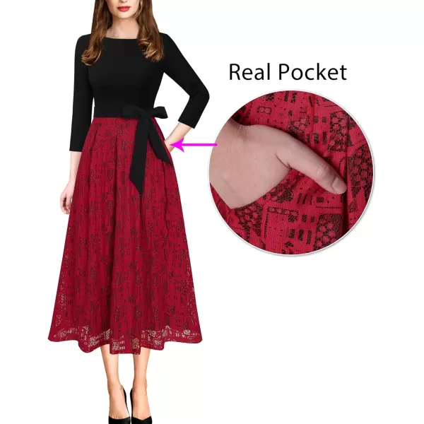 VFSHOW Womens Elegant Pockets Belted Work Business Office Casual Party Pleated ALine Midi DressBlack and Red Lace