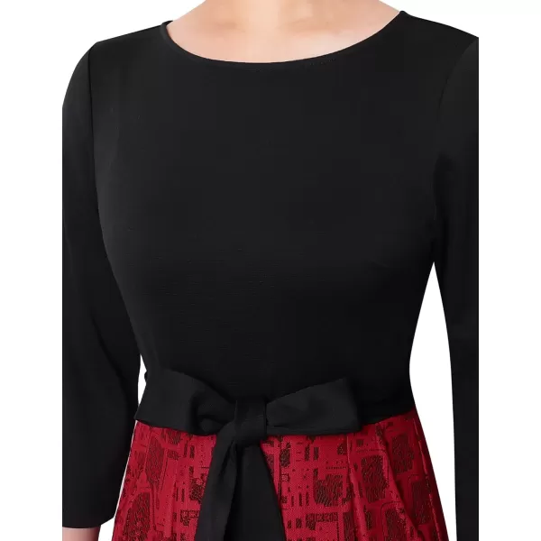 VFSHOW Womens Elegant Pockets Belted Work Business Office Casual Party Pleated ALine Midi DressBlack and Red Lace