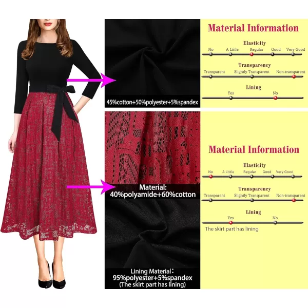 VFSHOW Womens Elegant Pockets Belted Work Business Office Casual Party Pleated ALine Midi DressBlack and Red Lace