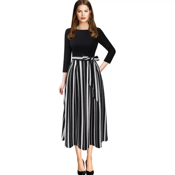 VFSHOW Womens Elegant Pockets Belted Work Business Office Casual Party Pleated ALine Midi DressBlack and White Striped Print