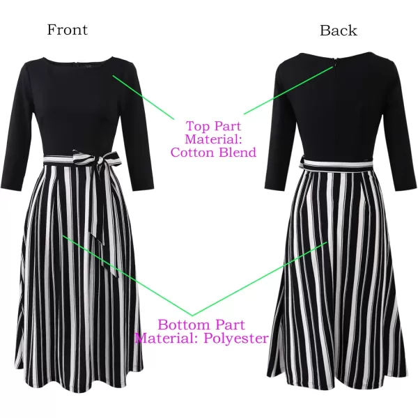 VFSHOW Womens Elegant Pockets Belted Work Business Office Casual Party Pleated ALine Midi DressBlack and White Striped Print