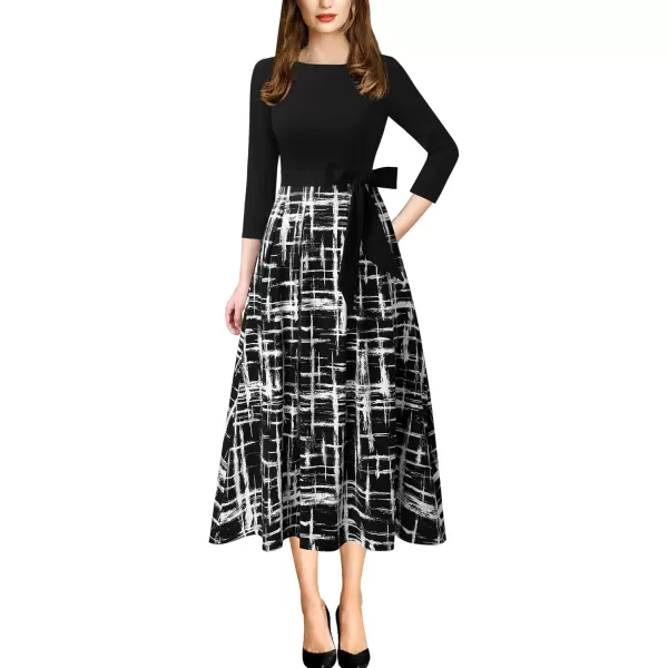 VFSHOW Womens Elegant Pockets Belted Work Business Office Casual Party Pleated ALine Midi DressBlackblack and White Geometric Print