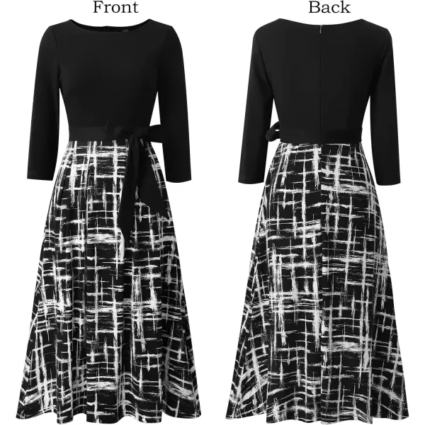 VFSHOW Womens Elegant Pockets Belted Work Business Office Casual Party Pleated ALine Midi DressBlackblack and White Geometric Print