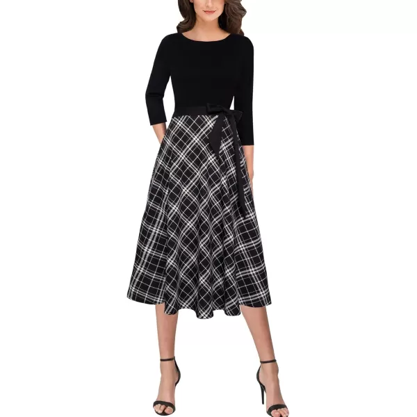 VFSHOW Womens Elegant Pockets Belted Work Business Office Casual Party Pleated ALine Midi DressBlackcheck Print