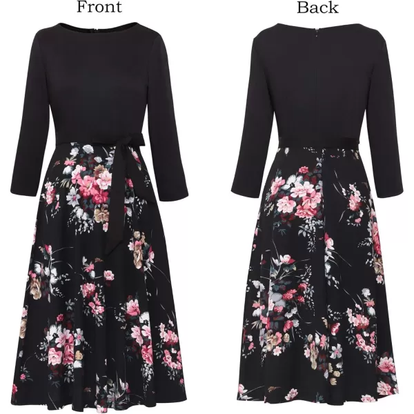 VFSHOW Womens Elegant Pockets Belted Work Business Office Casual Party Pleated ALine Midi DressBlackmulti Floral Print