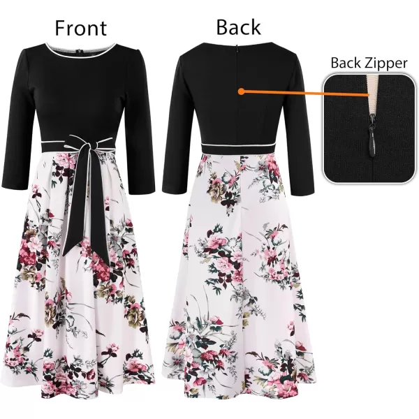 VFSHOW Womens Elegant Pockets Belted Work Business Office Casual Party Pleated ALine Midi DressBlackwhite Floral Print