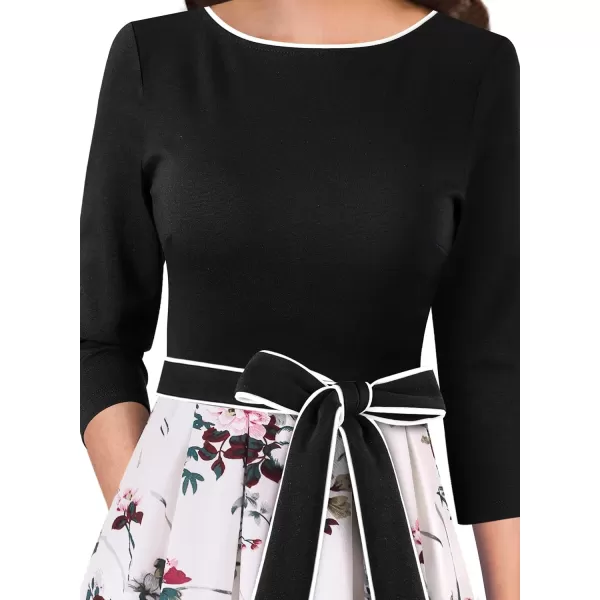 VFSHOW Womens Elegant Pockets Belted Work Business Office Casual Party Pleated ALine Midi DressBlackwhite Floral Print