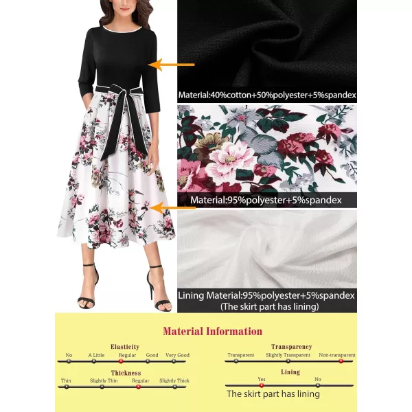 VFSHOW Womens Elegant Pockets Belted Work Business Office Casual Party Pleated ALine Midi DressBlackwhite Floral Print