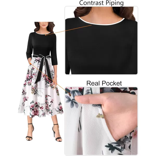 VFSHOW Womens Elegant Pockets Belted Work Business Office Casual Party Pleated ALine Midi DressBlackwhite Floral Print