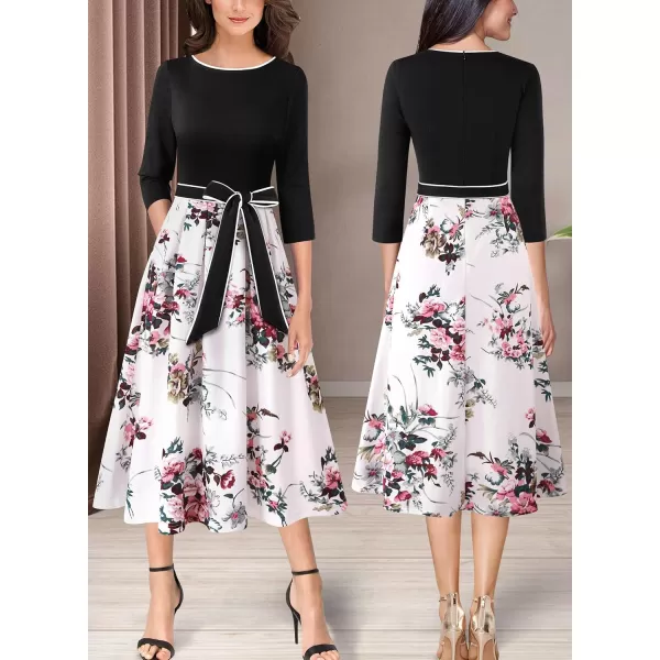 VFSHOW Womens Elegant Pockets Belted Work Business Office Casual Party Pleated ALine Midi DressBlackwhite Floral Print