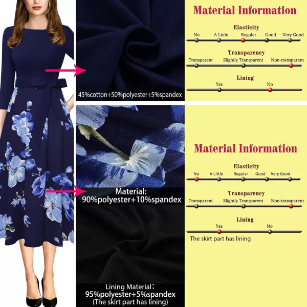 VFSHOW Womens Elegant Pockets Belted Work Business Office Casual Party Pleated ALine Midi DressDark Blue Blue White Floral Print