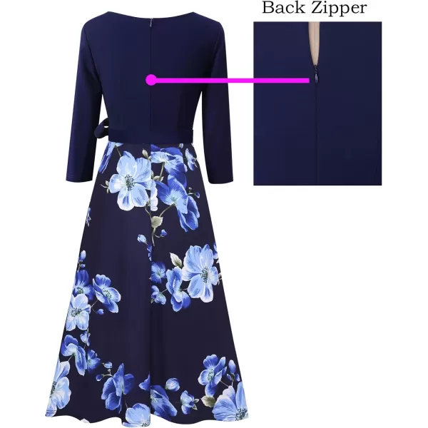 VFSHOW Womens Elegant Pockets Belted Work Business Office Casual Party Pleated ALine Midi DressDark Blue Blue White Floral Print