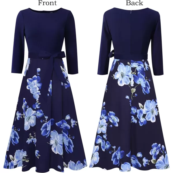 VFSHOW Womens Elegant Pockets Belted Work Business Office Casual Party Pleated ALine Midi DressDark Blue Blue White Floral Print