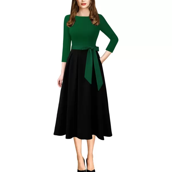 VFSHOW Womens Elegant Pockets Belted Work Business Office Casual Party Pleated ALine Midi DressDark Green and Black