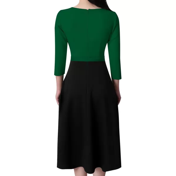 VFSHOW Womens Elegant Pockets Belted Work Business Office Casual Party Pleated ALine Midi DressDark Green and Black