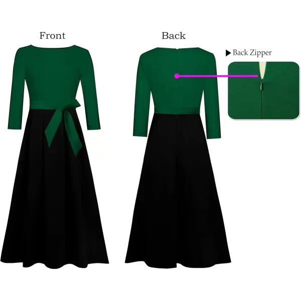 VFSHOW Womens Elegant Pockets Belted Work Business Office Casual Party Pleated ALine Midi DressDark Green and Black