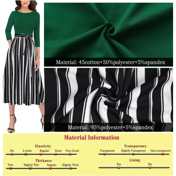 VFSHOW Womens Elegant Pockets Belted Work Business Office Casual Party Pleated ALine Midi DressGreenblack and White Striped