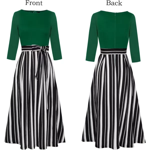 VFSHOW Womens Elegant Pockets Belted Work Business Office Casual Party Pleated ALine Midi DressGreenblack and White Striped