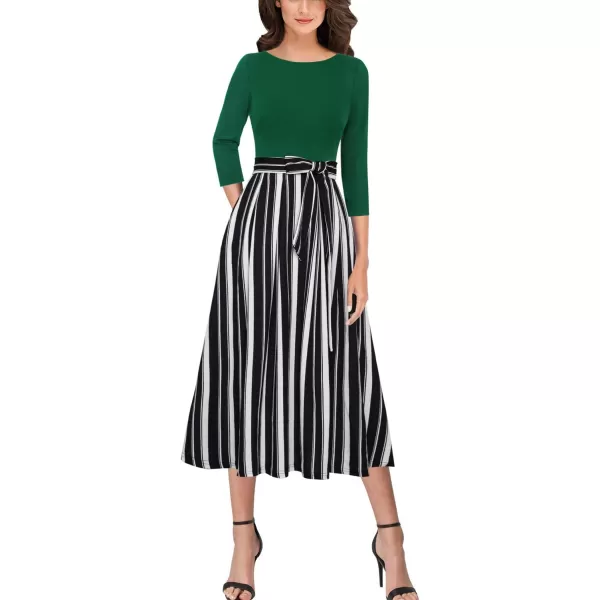 VFSHOW Womens Elegant Pockets Belted Work Business Office Casual Party Pleated ALine Midi DressGreenblack and White Striped