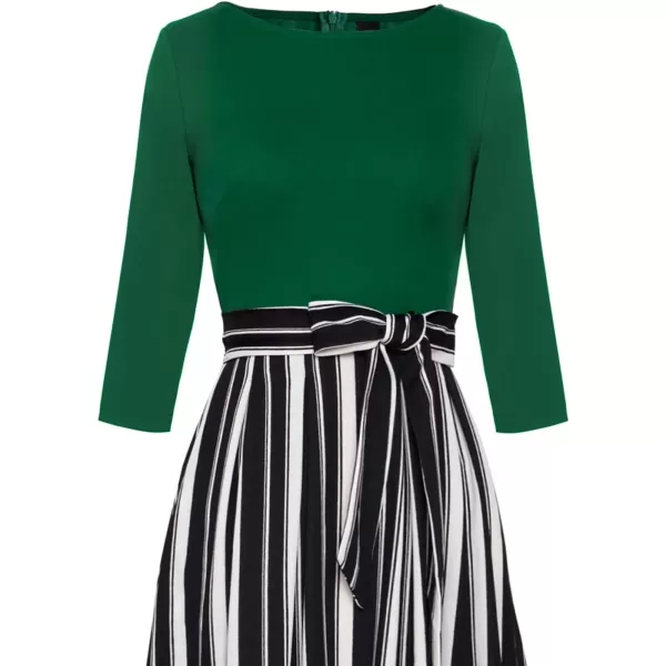 VFSHOW Womens Elegant Pockets Belted Work Business Office Casual Party Pleated ALine Midi DressGreenblack and White Striped