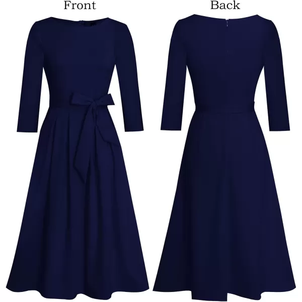 VFSHOW Womens Elegant Pockets Belted Work Business Office Casual Party Pleated ALine Midi DressNavy Blue