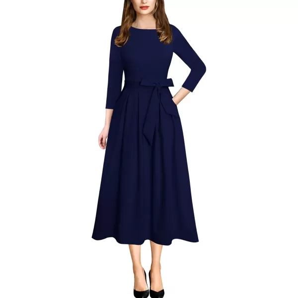 VFSHOW Womens Elegant Pockets Belted Work Business Office Casual Party Pleated ALine Midi DressNavy Blue