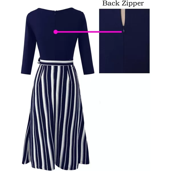 VFSHOW Womens Elegant Pockets Belted Work Business Office Casual Party Pleated ALine Midi DressNavy Blue and White Striped Print