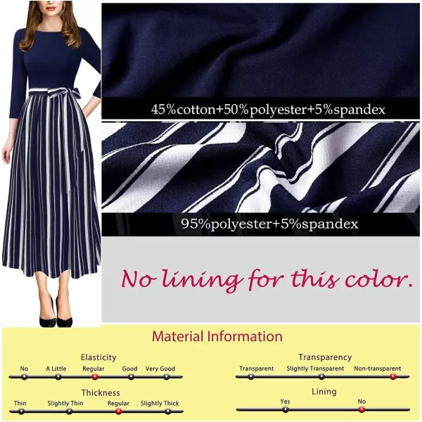 VFSHOW Womens Elegant Pockets Belted Work Business Office Casual Party Pleated ALine Midi DressNavy Blue and White Striped Print