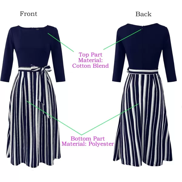 VFSHOW Womens Elegant Pockets Belted Work Business Office Casual Party Pleated ALine Midi DressNavy Blue and White Striped Print