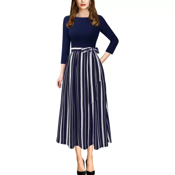 VFSHOW Womens Elegant Pockets Belted Work Business Office Casual Party Pleated ALine Midi DressNavy Blue and White Striped Print