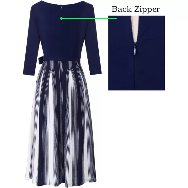 VFSHOW Womens Elegant Pockets Belted Work Business Office Casual Party Pleated ALine Midi DressNavy Bluestriped Print