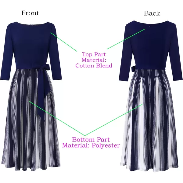 VFSHOW Womens Elegant Pockets Belted Work Business Office Casual Party Pleated ALine Midi DressNavy Bluestriped Print