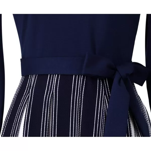 VFSHOW Womens Elegant Pockets Belted Work Business Office Casual Party Pleated ALine Midi DressNavy Bluestriped Print