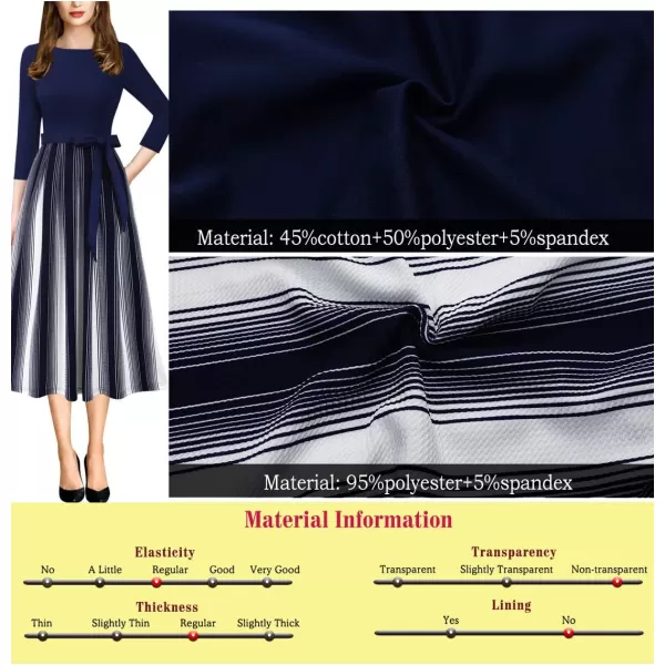 VFSHOW Womens Elegant Pockets Belted Work Business Office Casual Party Pleated ALine Midi DressNavy Bluestriped Print