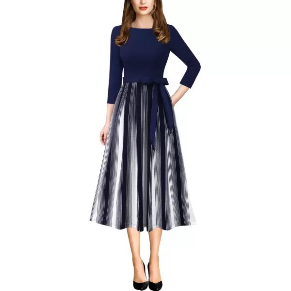 VFSHOW Womens Elegant Pockets Belted Work Business Office Casual Party Pleated ALine Midi DressNavy Bluestriped Print