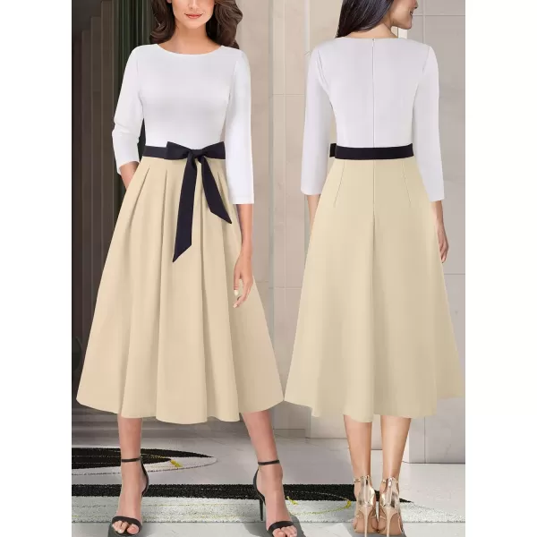 VFSHOW Womens Elegant Pockets Belted Work Business Office Casual Party Pleated ALine Midi DressOff White  Beige  Black