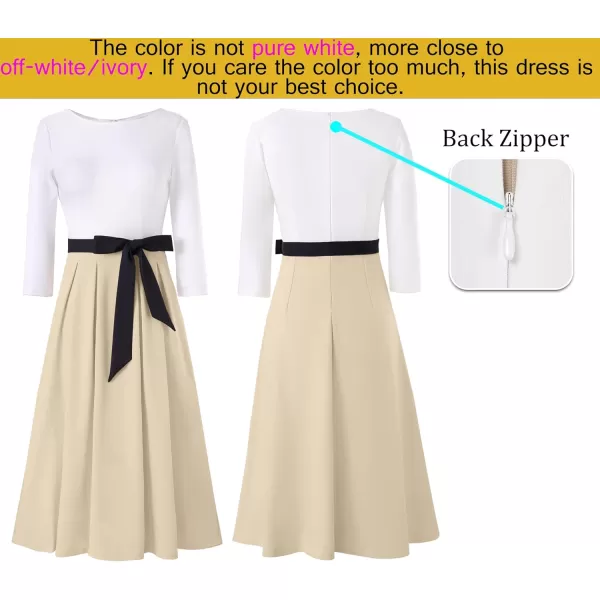 VFSHOW Womens Elegant Pockets Belted Work Business Office Casual Party Pleated ALine Midi DressOff White  Beige  Black