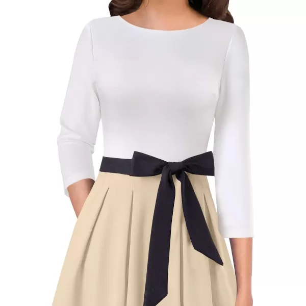 VFSHOW Womens Elegant Pockets Belted Work Business Office Casual Party Pleated ALine Midi DressOff White  Beige  Black